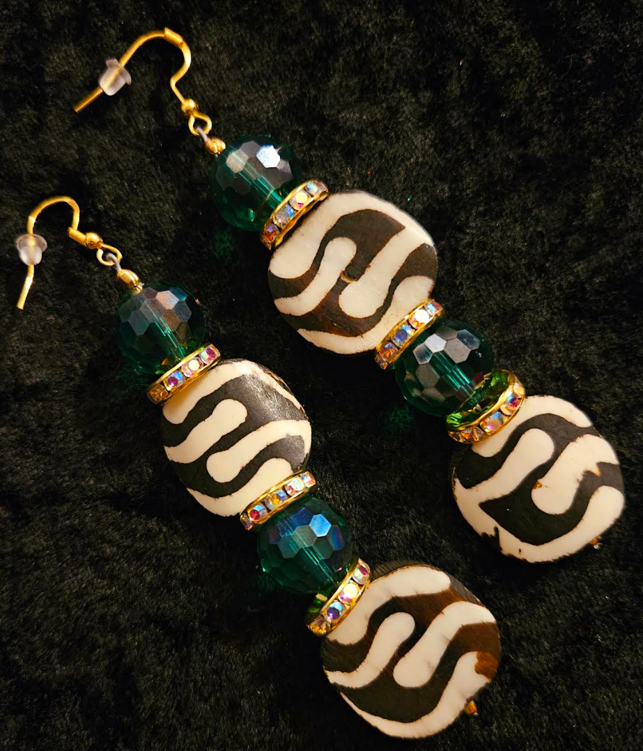 African Batik Bone & Emerald Green Crystal Dangle Earrings - Exotic Jungle Fever Pierced Earrings - Haute Couture Ear Candy - Kat Kouture Jewelry