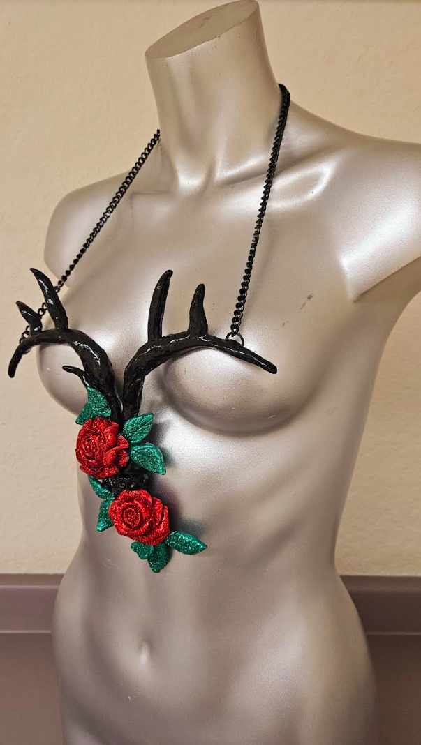 Sculpted Antler and Glitter Roses Avant Garde Chest Piece - Edgy Wearable Art Tattoo for Badass Women - Kat Kouture Jewelry