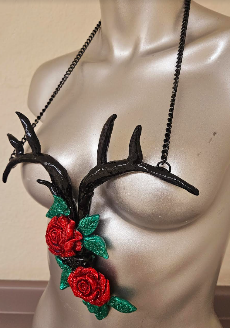 Sculpted Antler and Glitter Roses Avant Garde Chest Piece - Edgy Wearable Art Tattoo for Badass Women - Kat Kouture Jewelry