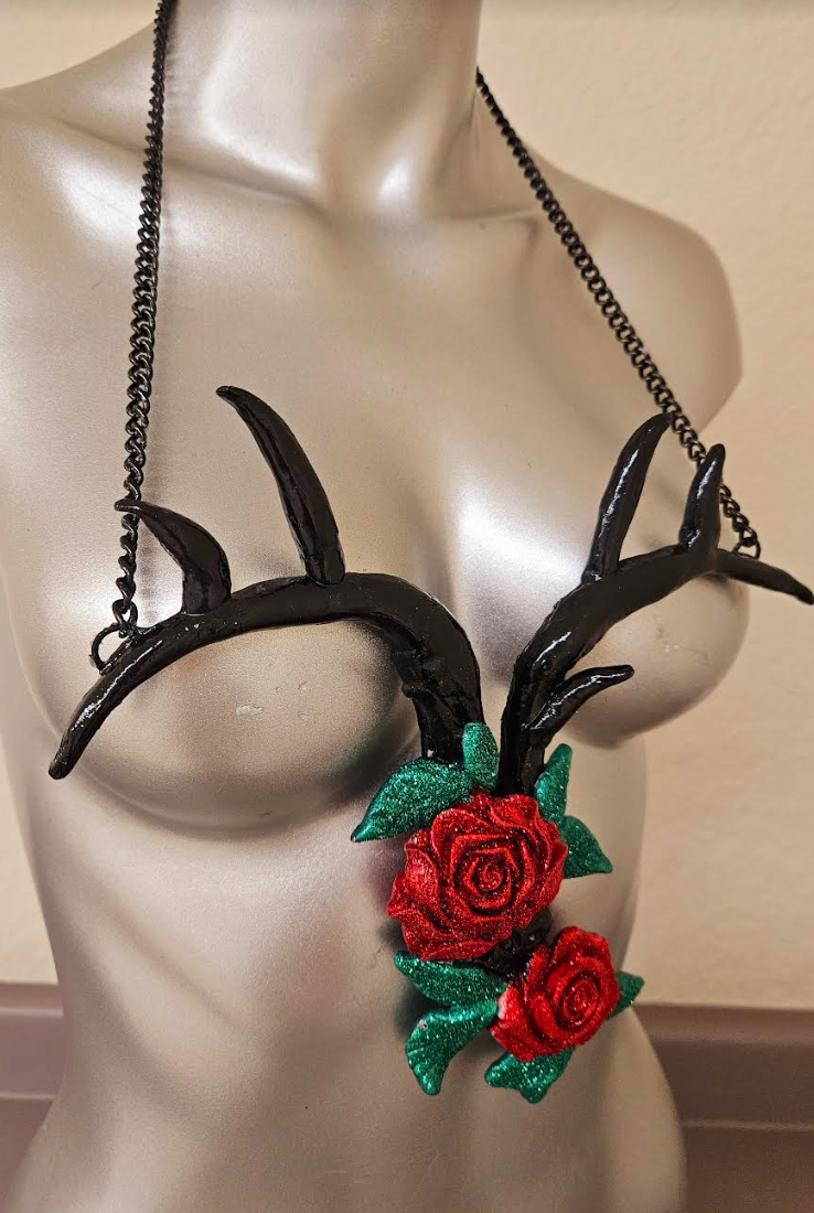 Sculpted Antler and Glitter Roses Avant Garde Chest Piece - Edgy Wearable Art Tattoo for Badass Women - Kat Kouture Jewelry