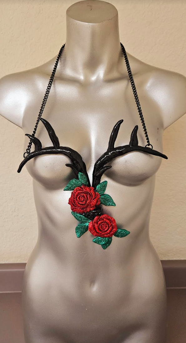 Sculpted Antler and Glitter Roses Avant Garde Chest Piece - Edgy Wearable Art Tattoo for Badass Women - Kat Kouture Jewelry