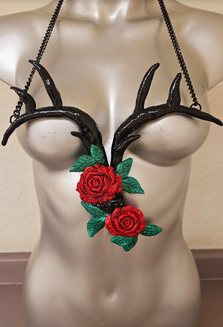 Sculpted Antler and Glitter Roses Avant Garde Chest Piece - Edgy Wearable Art Tattoo for Badass Women - Kat Kouture Jewelry