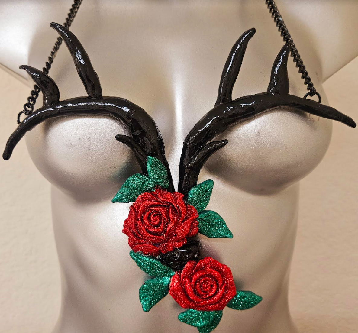 Sculpted Antler and Glitter Roses Avant Garde Chest Piece - Edgy Wearable Art Tattoo for Badass Women - Kat Kouture Jewelry