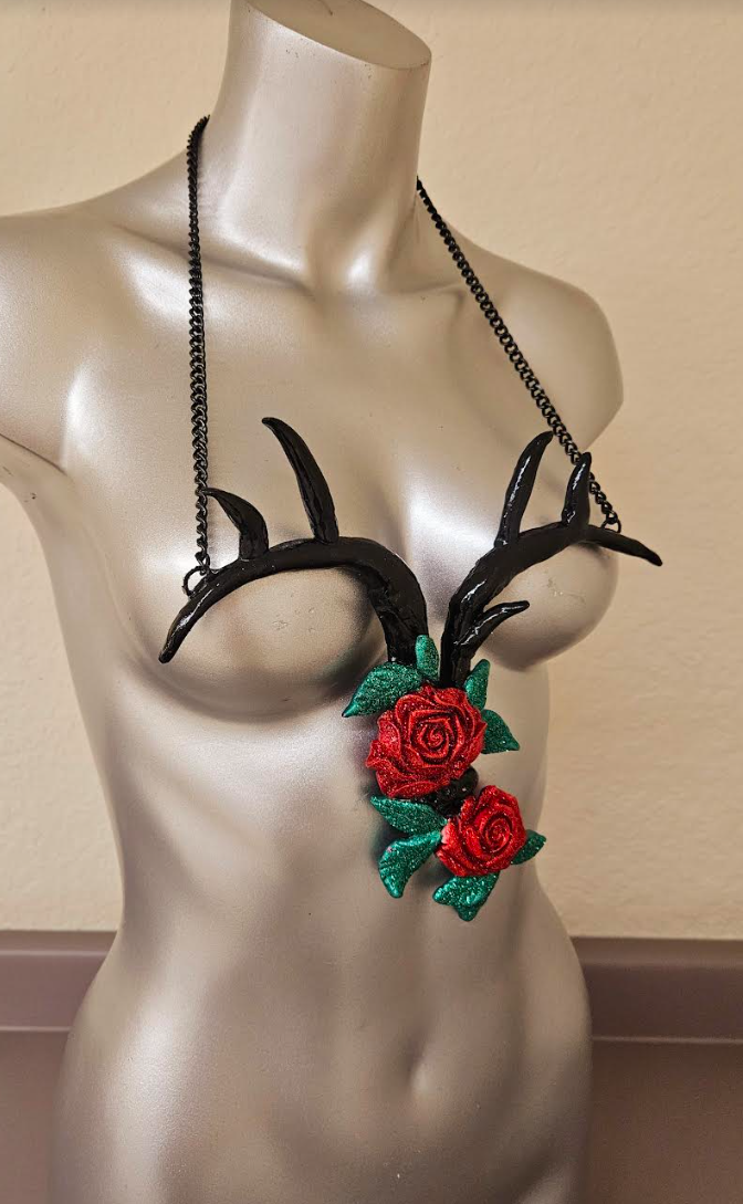 Sculpted Antler and Glitter Roses Avant Garde Chest Piece - Edgy Wearable Art Tattoo for Badass Women - Kat Kouture Jewelry