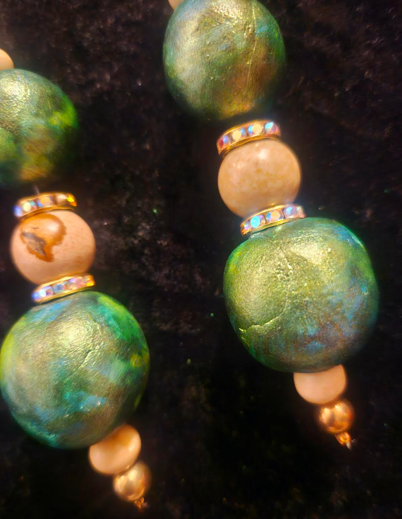 Green Gold & Beige Alcohol Ink Beaded Earrings - Artisan Sculpted Dangle Pierced Earrings - Avant Garde Shoulder Dusters - Kat Kouture Jewelry