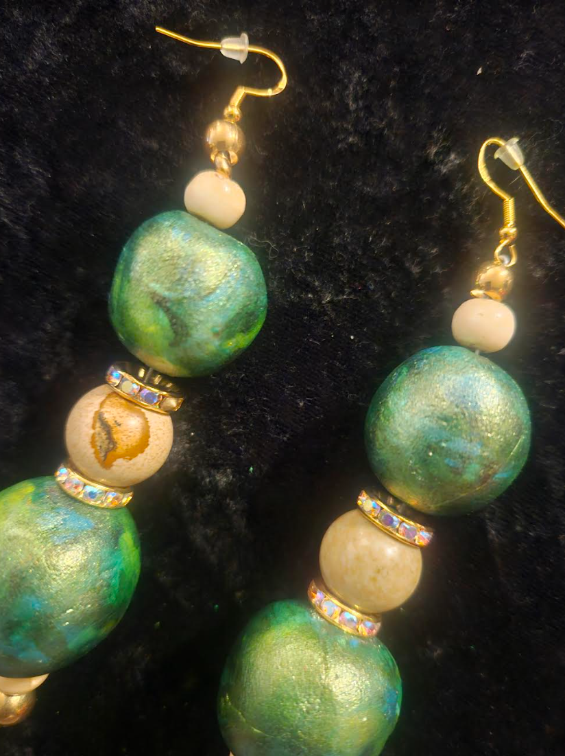 Green Gold & Beige Alcohol Ink Beaded Earrings - Artisan Sculpted Dangle Pierced Earrings - Avant Garde Shoulder Dusters - Kat Kouture Jewelry