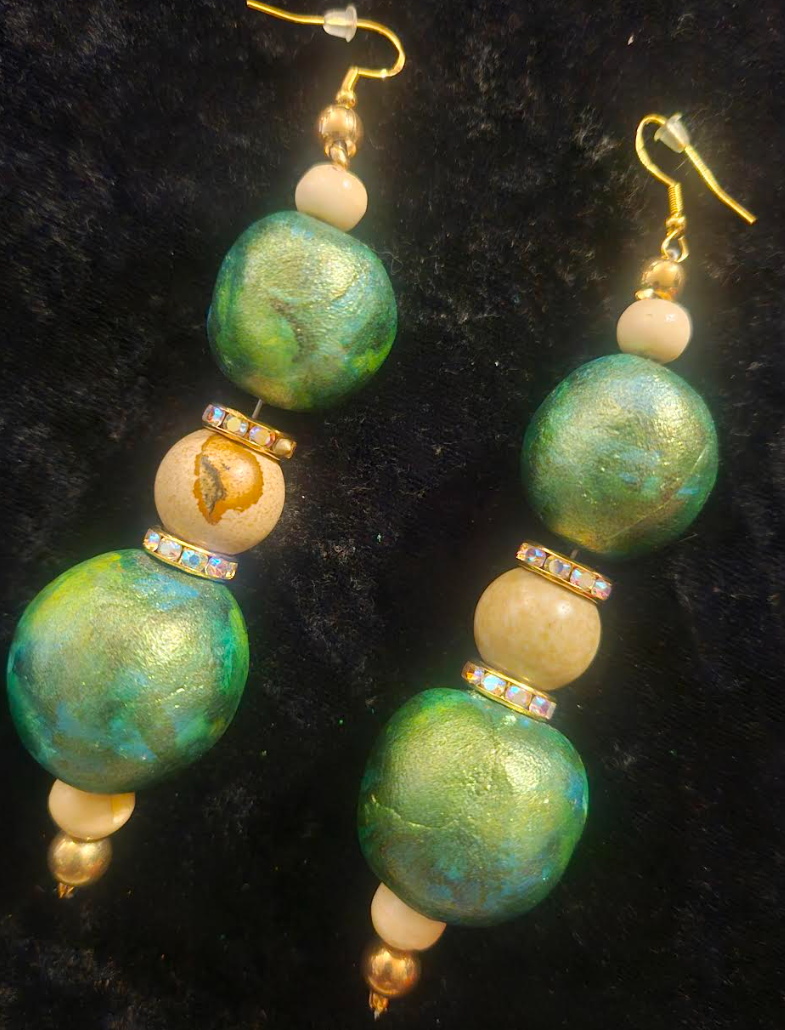 Green Gold & Beige Alcohol Ink Beaded Earrings - Artisan Sculpted Dangle Pierced Earrings - Avant Garde Shoulder Dusters - Kat Kouture Jewelry