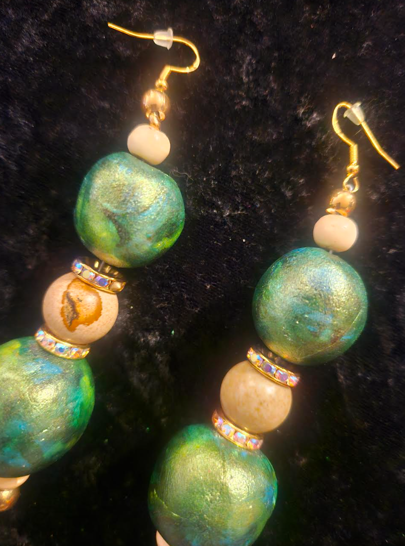 Green Gold & Beige Alcohol Ink Beaded Earrings - Artisan Sculpted Dangle Pierced Earrings - Avant Garde Shoulder Dusters - Kat Kouture Jewelry