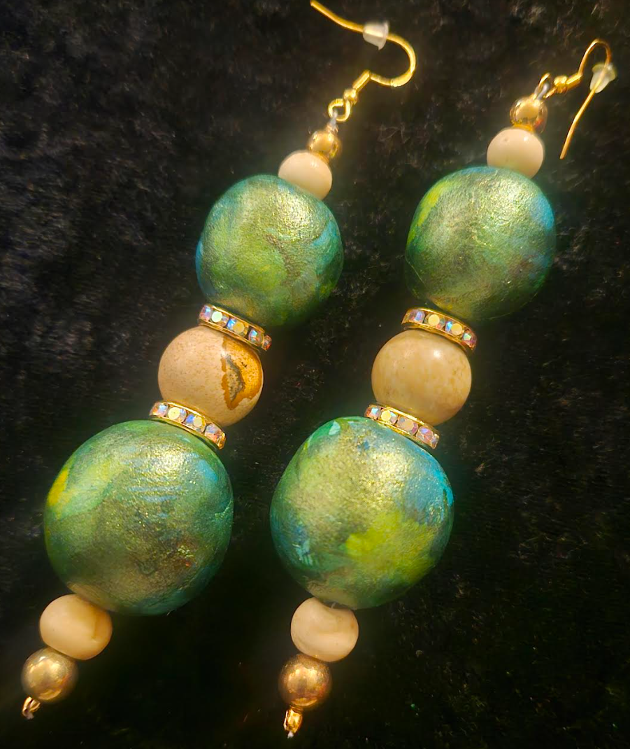 Green Gold & Beige Alcohol Ink Beaded Earrings - Artisan Sculpted Dangle Pierced Earrings - Avant Garde Shoulder Dusters - Kat Kouture Jewelry