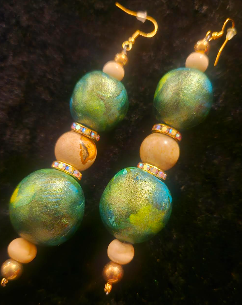 Green Gold & Beige Alcohol Ink Beaded Earrings - Artisan Sculpted Dangle Pierced Earrings - Avant Garde Shoulder Dusters - Kat Kouture Jewelry