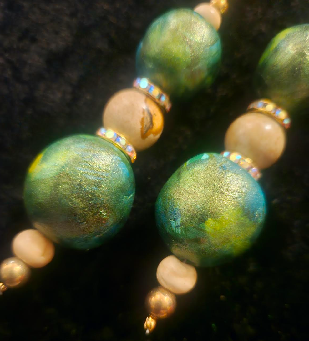 Green Gold & Beige Alcohol Ink Beaded Earrings - Artisan Sculpted Dangle Pierced Earrings - Avant Garde Shoulder Dusters - Kat Kouture Jewelry