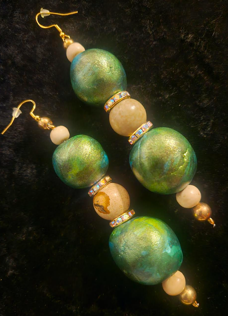 Green Gold & Beige Alcohol Ink Beaded Earrings - Artisan Sculpted Dangle Pierced Earrings - Avant Garde Shoulder Dusters - Kat Kouture Jewelry