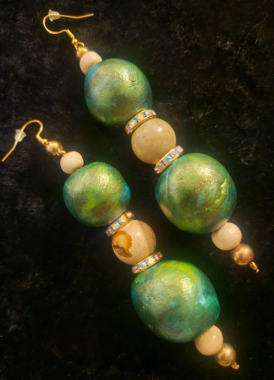 Green Gold & Beige Alcohol Ink Beaded Earrings - Artisan Sculpted Dangle Pierced Earrings - Avant Garde Shoulder Dusters - Kat Kouture Jewelry