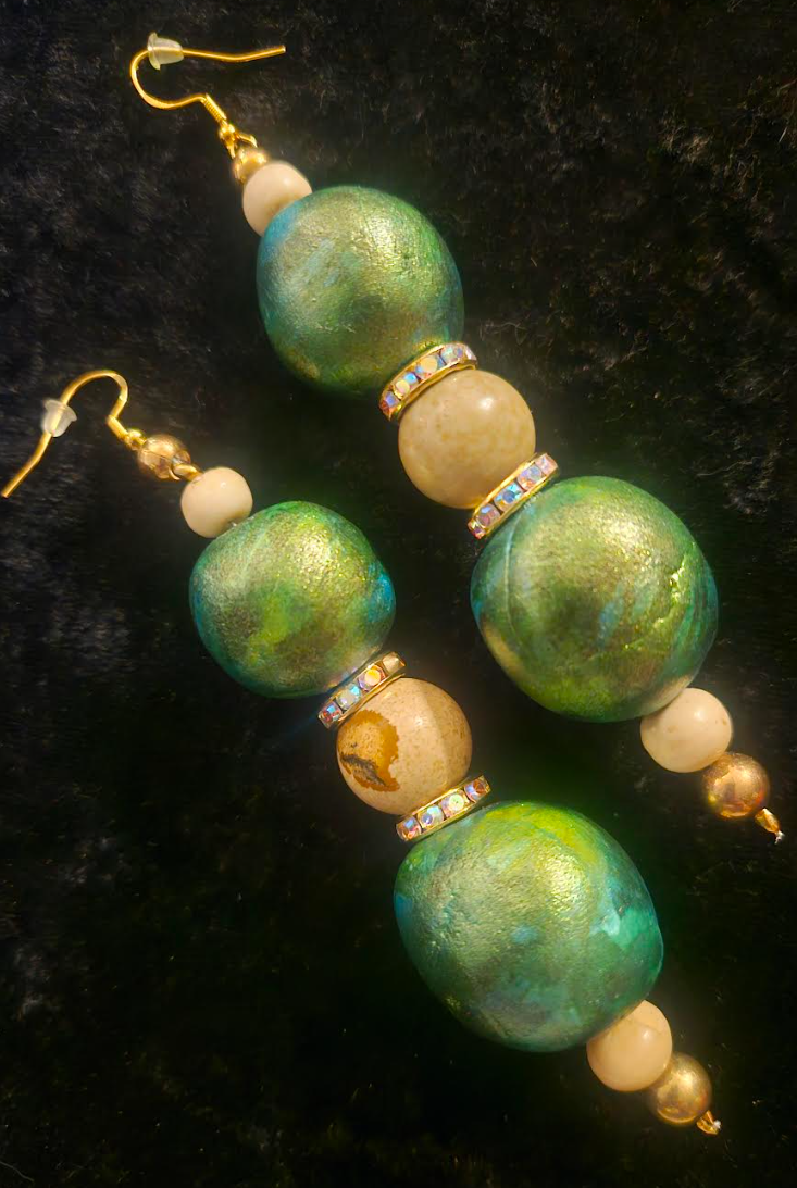 Green Gold & Beige Alcohol Ink Beaded Earrings - Artisan Sculpted Dangle Pierced Earrings - Avant Garde Shoulder Dusters - Kat Kouture Jewelry