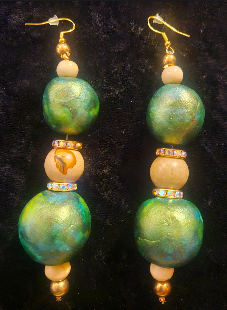 Green Gold & Beige Alcohol Ink Beaded Earrings - Artisan Sculpted Dangle Pierced Earrings - Avant Garde Shoulder Dusters - Kat Kouture Jewelry