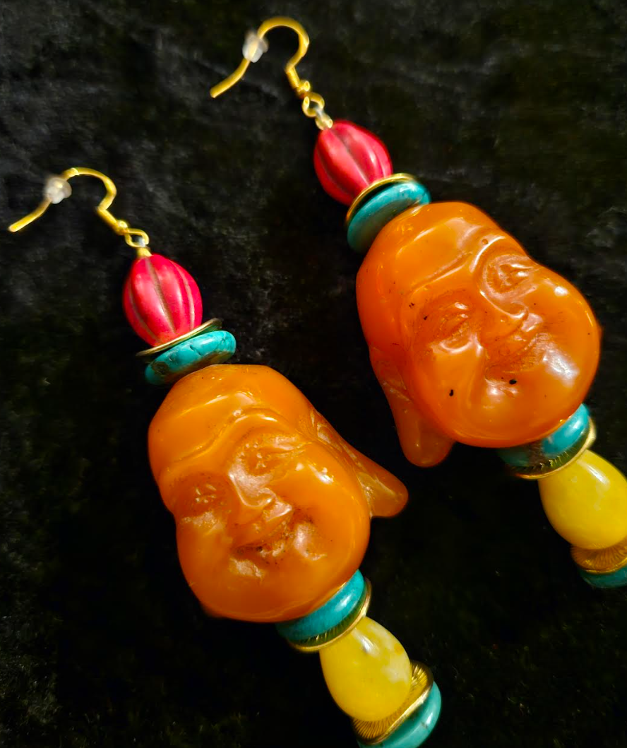 Funky Resin Buddha Tribal Pierced Earrings - Tibetan God Beaded Dangle Ear Candy - OOAK Ethnic Wearable Art for Ears - Kat Kouture Jewelry