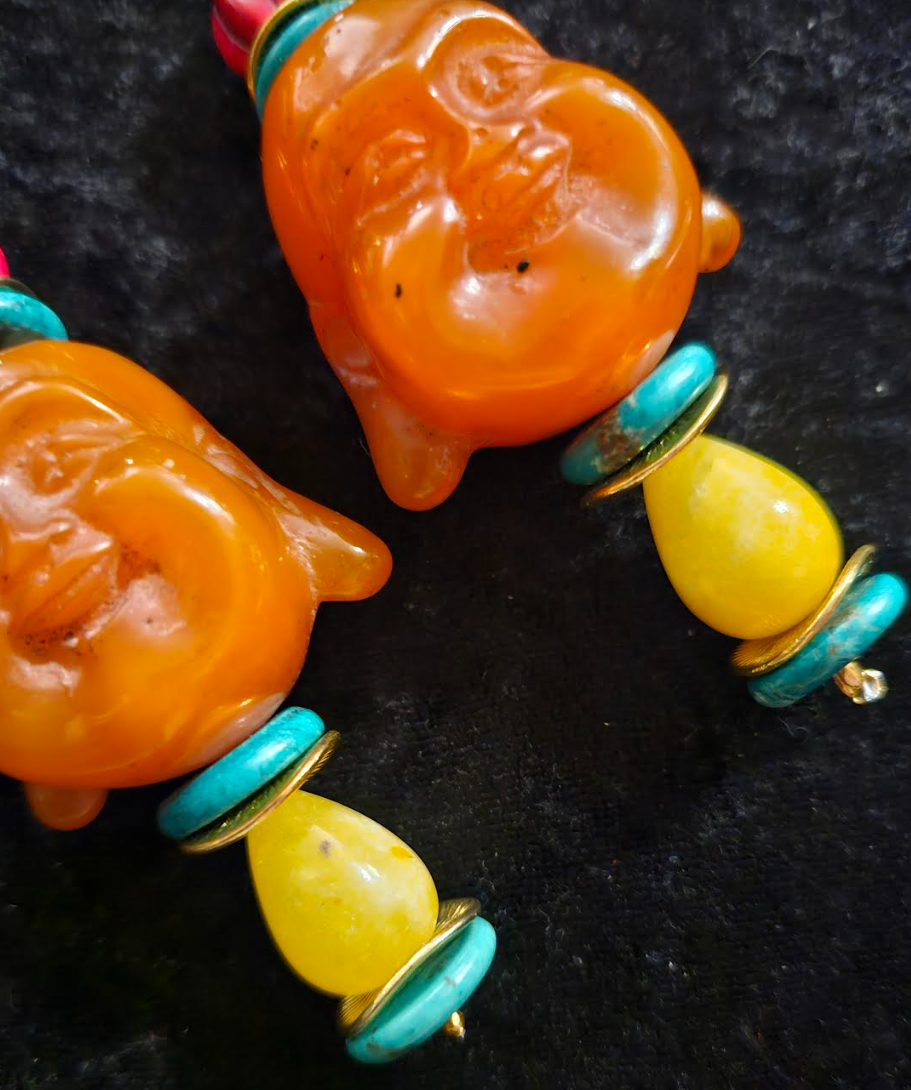 Funky Resin Buddha Tribal Pierced Earrings - Tibetan God Beaded Dangle Ear Candy - OOAK Ethnic Wearable Art for Ears - Kat Kouture Jewelry