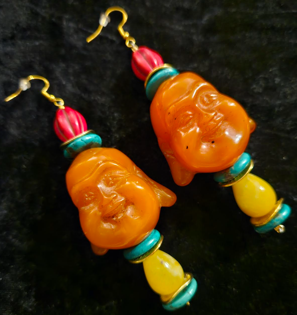 Funky Resin Buddha Tribal Pierced Earrings - Tibetan God Beaded Dangle Ear Candy - OOAK Ethnic Wearable Art for Ears - Kat Kouture Jewelry