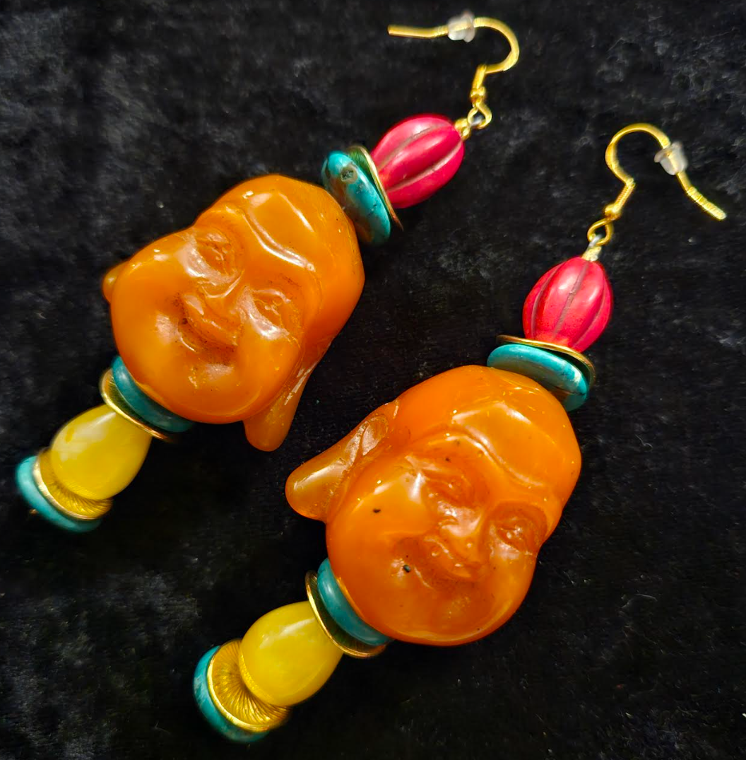 Funky Resin Buddha Tribal Pierced Earrings - Tibetan God Beaded Dangle Ear Candy - OOAK Ethnic Wearable Art for Ears - Kat Kouture Jewelry