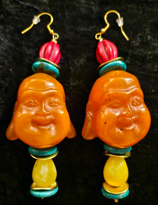 Funky Resin Buddha Tribal Pierced Earrings - Tibetan God Beaded Dangle Ear Candy - OOAK Ethnic Wearable Art for Ears - Kat Kouture Jewelry