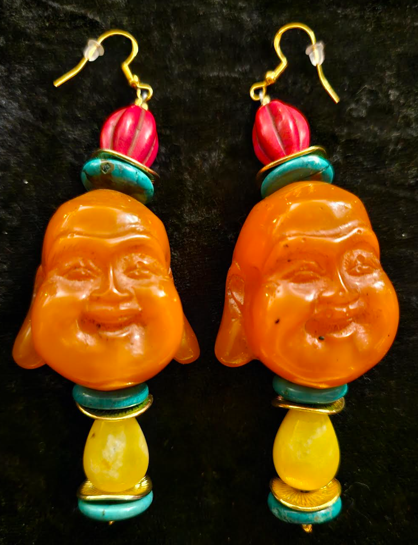 Funky Resin Buddha Tribal Pierced Earrings - Tibetan God Beaded Dangle Ear Candy - OOAK Ethnic Wearable Art for Ears - Kat Kouture Jewelry