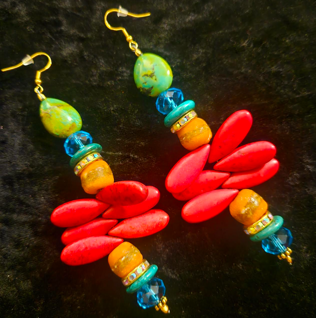 Mixed Media Beaded Shoulder Dusters - Red Orange Blue and Green Long Pierced Earrings - Colorful Ear Candy - Kat Kouture Jewelry