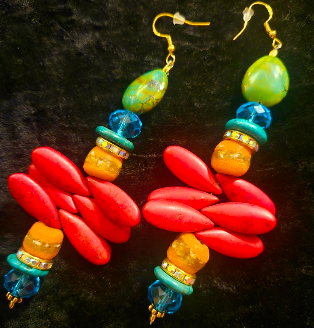 Mixed Media Beaded Shoulder Dusters - Red Orange Blue and Green Long Pierced Earrings - Colorful Ear Candy - Kat Kouture Jewelry