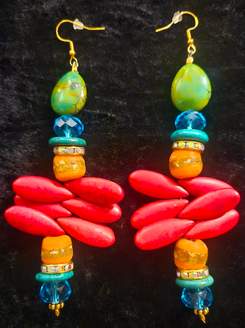 Mixed Media Beaded Shoulder Dusters - Red Orange Blue and Green Long Pierced Earrings - Colorful Ear Candy - Kat Kouture Jewelry