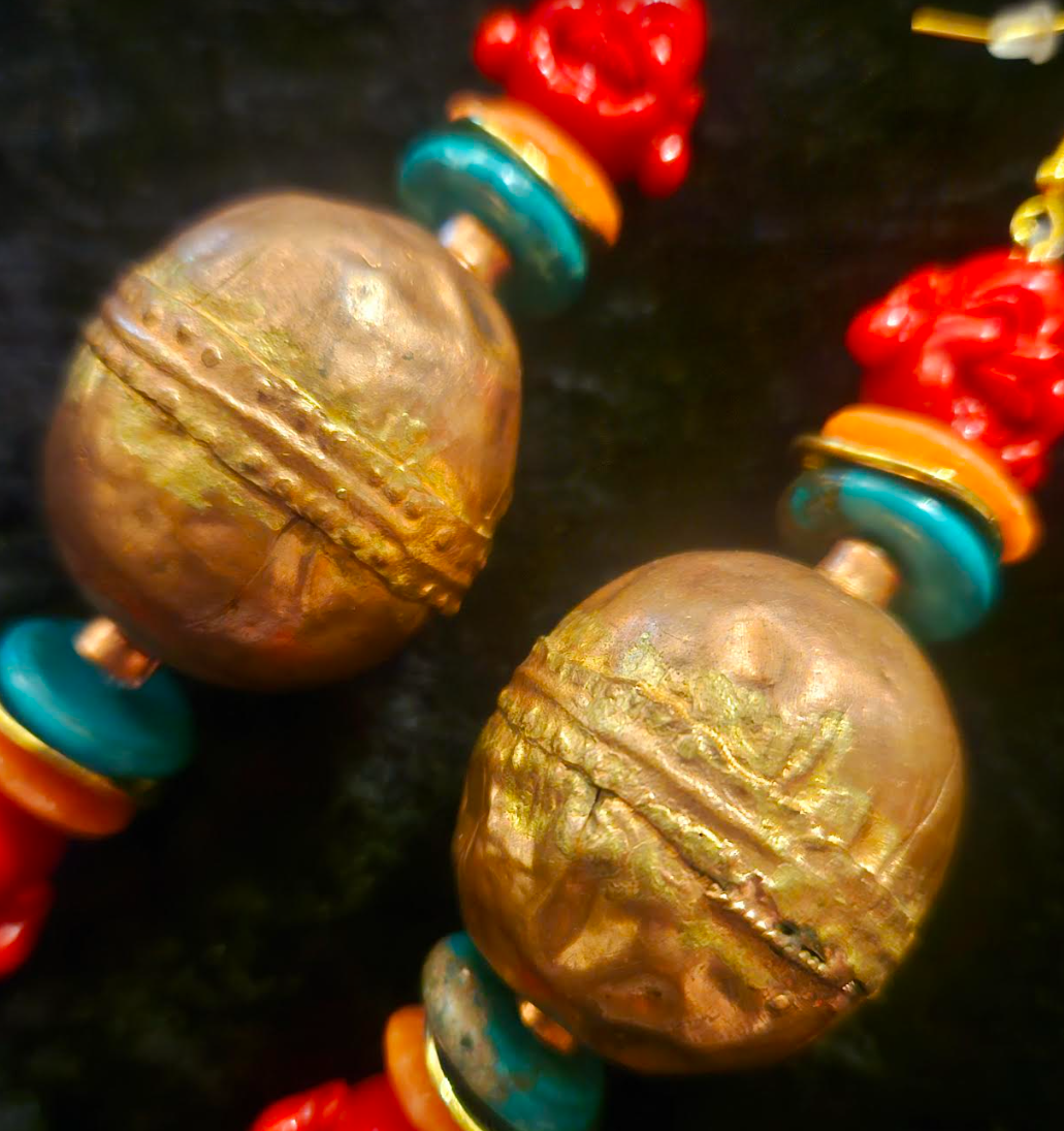 Buddha and Ethiopian Copper Beaded Dangle Earrings - Exotic Wild Tribal Shoulder Dusters - Kat Kouture Jewelry