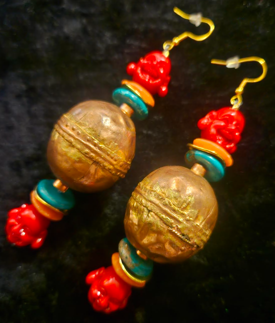 Buddha and Ethiopian Copper Beaded Dangle Earrings - Exotic Wild Tribal Shoulder Dusters - Kat Kouture Jewelry