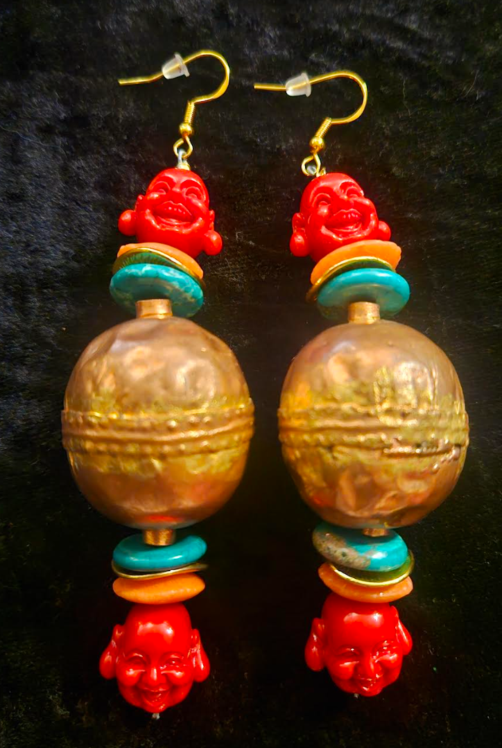 Buddha and Ethiopian Copper Beaded Dangle Earrings - Exotic Wild Tribal Shoulder Dusters - Kat Kouture Jewelry