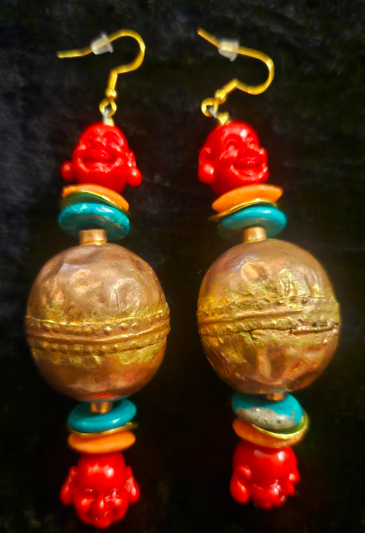 Buddha and Ethiopian Copper Beaded Dangle Earrings - Exotic Wild Tribal Shoulder Dusters - Kat Kouture Jewelry