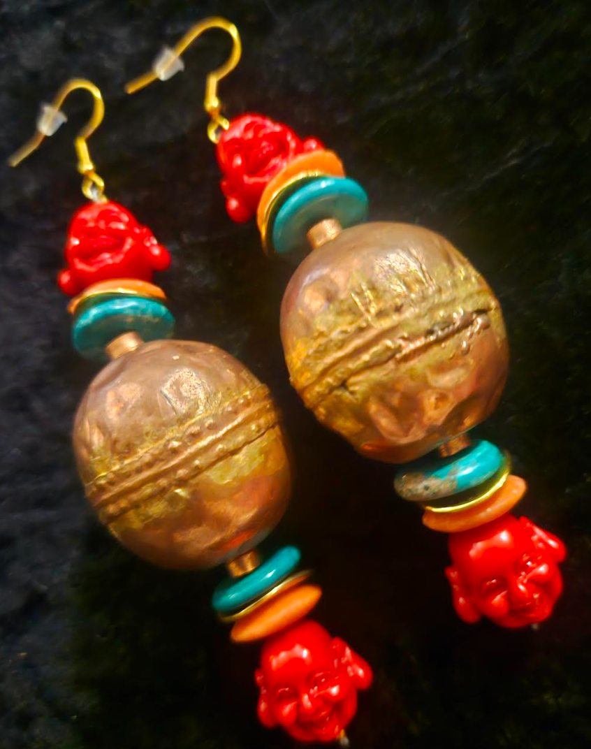 Buddha and Ethiopian Copper Beaded Dangle Earrings - Exotic Wild Tribal Shoulder Dusters - Kat Kouture Jewelry