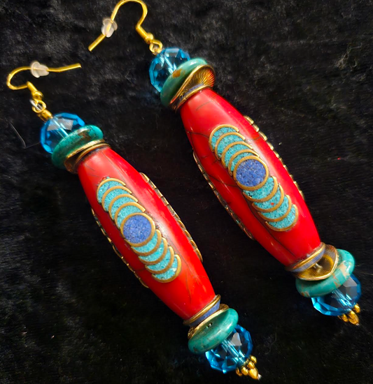 Exotic Red Tibetan Resin Tribal Dangle Pierced Earrings - Red Blue Green & Gold Ethnic Beaded Shoulder Dusters - Kat Kouture Jewelry