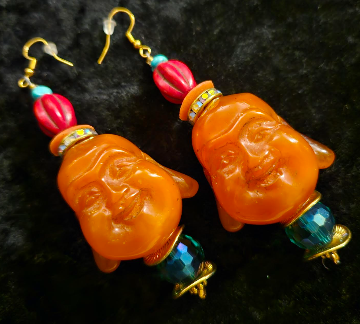 Orange Resin Buddha Head Pierced Earrings - Whimsical Tibetan God Ear Candy - Eccentric Tibetan Dangle Earrings for Asian Women - Kat Kouture Jewelry