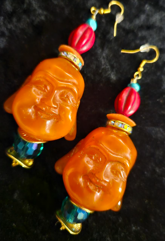 Orange Resin Buddha Head Pierced Earrings - Whimsical Tibetan God Ear Candy - Eccentric Tibetan Dangle Earrings for Asian Women - Kat Kouture Jewelry