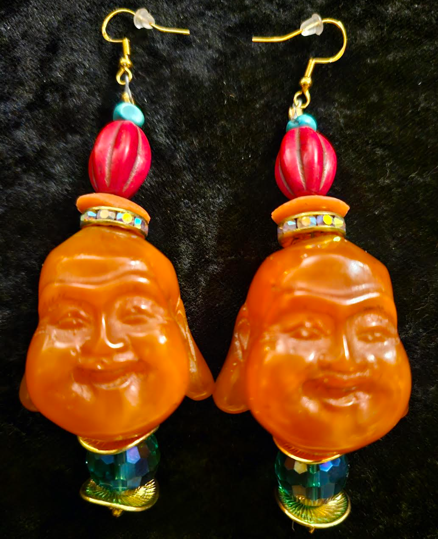 Orange Resin Buddha Head Pierced Earrings - Whimsical Tibetan God Ear Candy - Eccentric Tibetan Dangle Earrings for Asian Women - Kat Kouture Jewelry