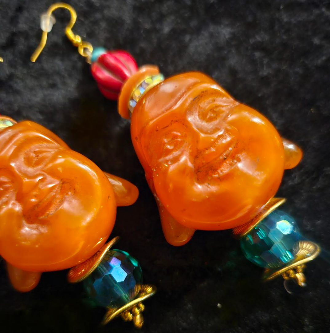 Orange Resin Buddha Head Pierced Earrings - Whimsical Tibetan God Ear Candy - Eccentric Tibetan Dangle Earrings for Asian Women - Kat Kouture Jewelry