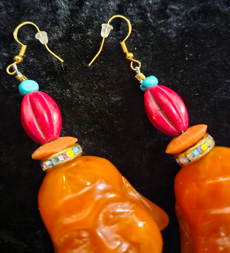 Orange Resin Buddha Head Pierced Earrings - Whimsical Tibetan God Ear Candy - Eccentric Tibetan Dangle Earrings for Asian Women - Kat Kouture Jewelry