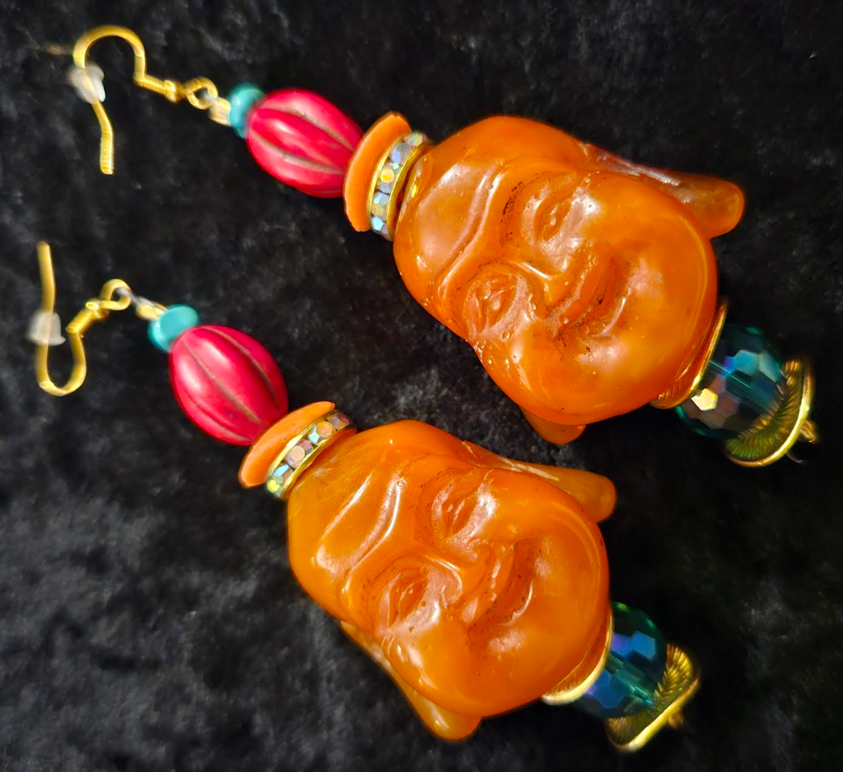 Orange Resin Buddha Head Pierced Earrings - Whimsical Tibetan God Ear Candy - Eccentric Tibetan Dangle Earrings for Asian Women - Kat Kouture Jewelry