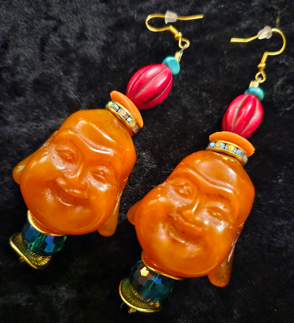 Orange Resin Buddha Head Pierced Earrings - Whimsical Tibetan God Ear Candy - Eccentric Tibetan Dangle Earrings for Asian Women - Kat Kouture Jewelry