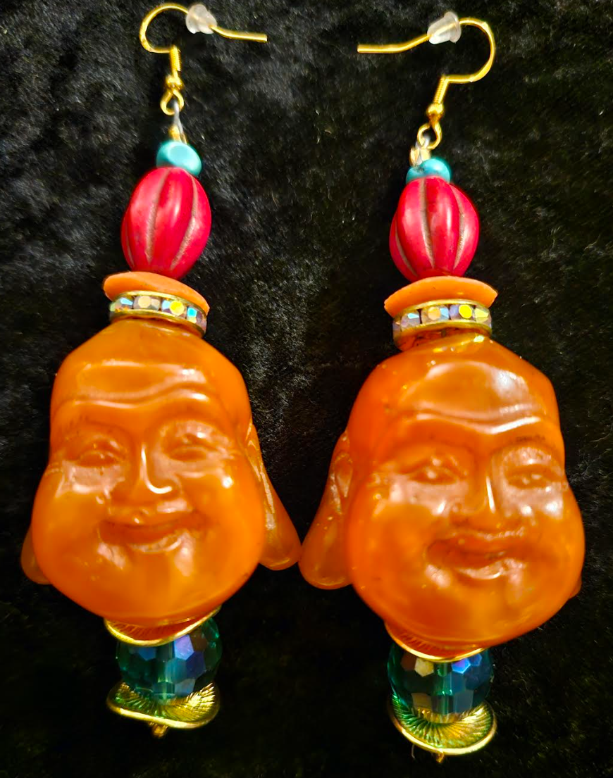 Orange Resin Buddha Head Pierced Earrings - Whimsical Tibetan God Ear Candy - Eccentric Tibetan Dangle Earrings for Asian Women - Kat Kouture Jewelry