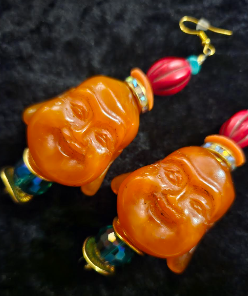 Orange Resin Buddha Head Pierced Earrings - Whimsical Tibetan God Ear Candy - Eccentric Tibetan Dangle Earrings for Asian Women - Kat Kouture Jewelry