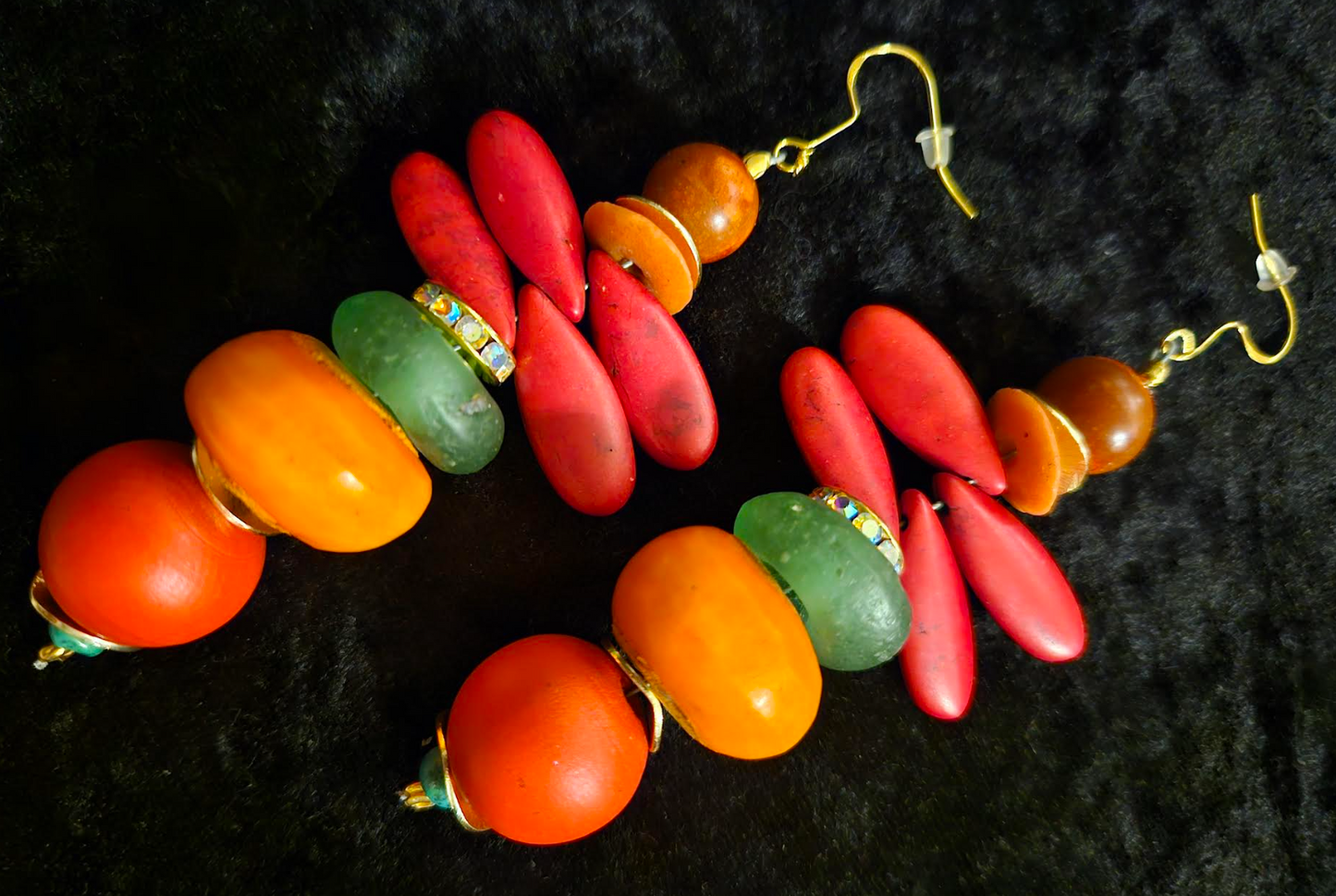 Red Green and Orange Beaded Dangle Pierced Earrings - Tropical Ear Candy for Women of Color - Kat Kouture Jewelry