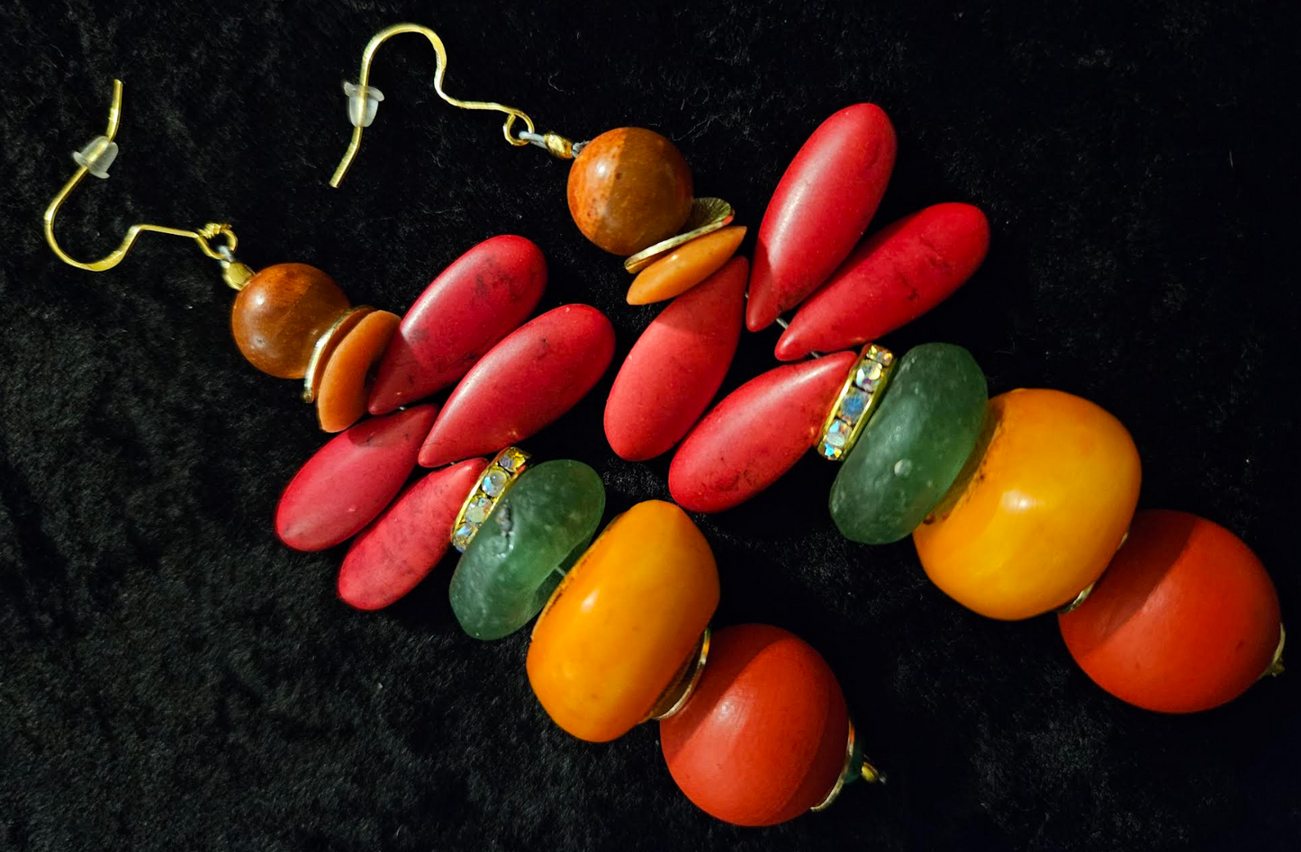 Red Green and Orange Beaded Dangle Pierced Earrings - Tropical Ear Candy for Women of Color - Kat Kouture Jewelry