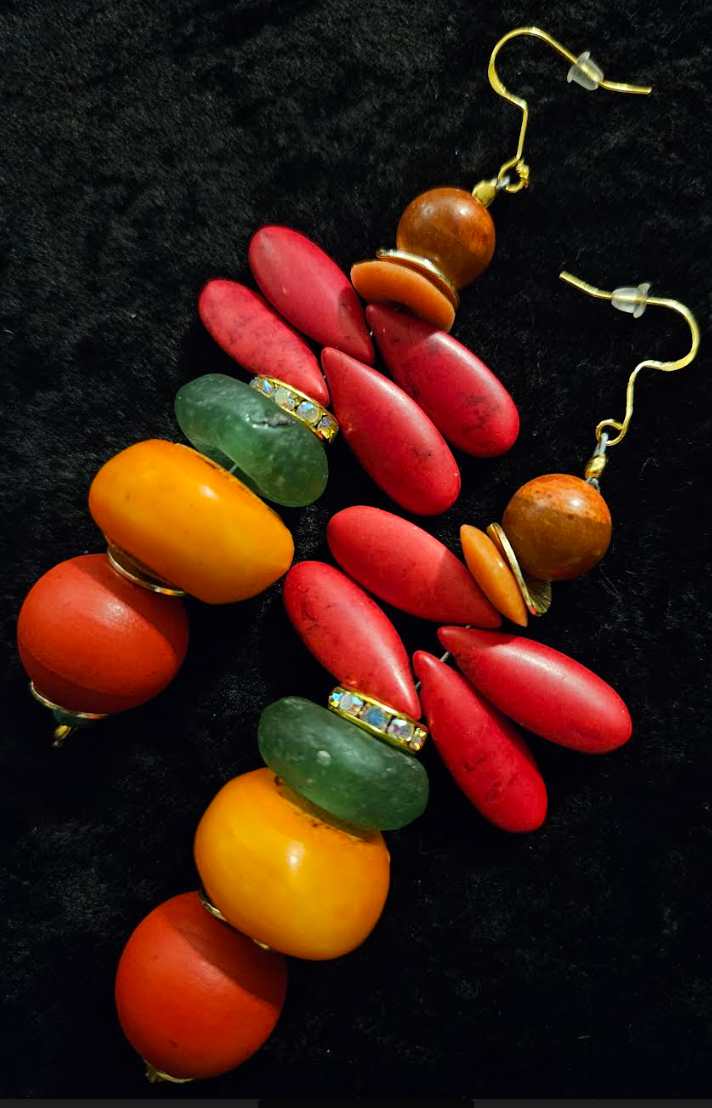 Red Green and Orange Beaded Dangle Pierced Earrings - Tropical Ear Candy for Women of Color - Kat Kouture Jewelry