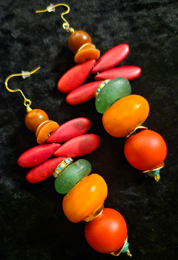 Red Green and Orange Beaded Dangle Pierced Earrings - Tropical Ear Candy for Women of Color - Kat Kouture Jewelry