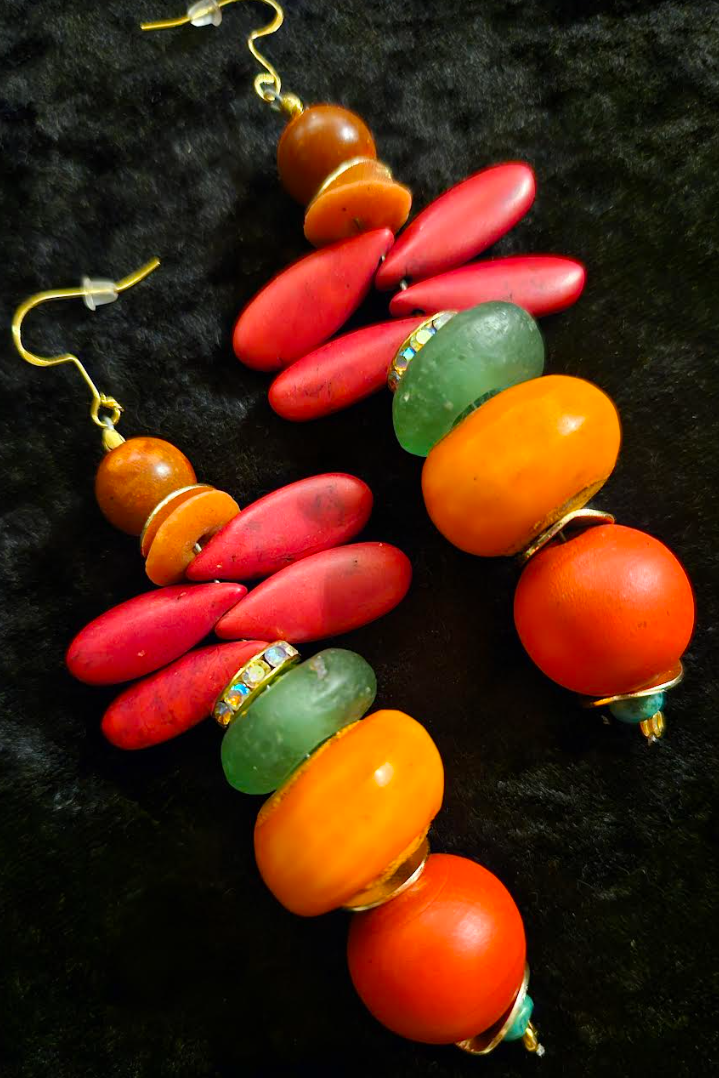 Red Green and Orange Beaded Dangle Pierced Earrings - Tropical Ear Candy for Women of Color - Kat Kouture Jewelry