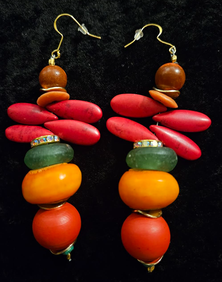 Red Green and Orange Beaded Dangle Pierced Earrings - Tropical Ear Candy for Women of Color - Kat Kouture Jewelry