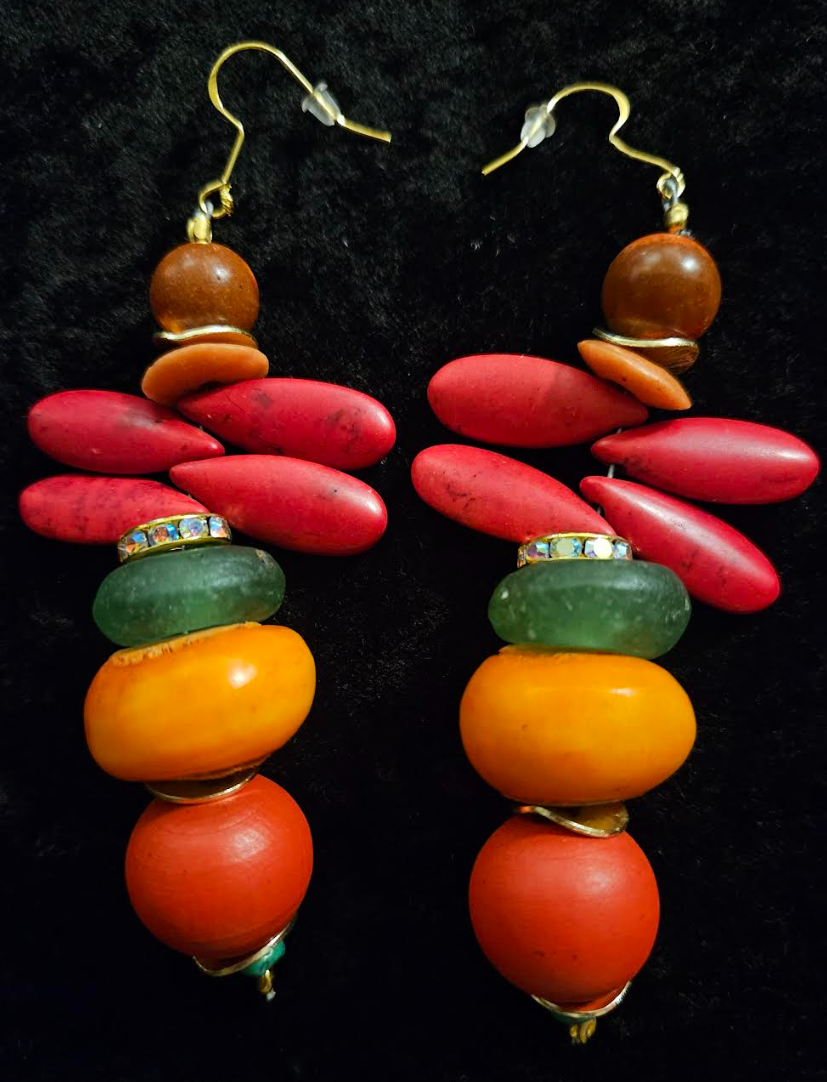 Red Green and Orange Beaded Dangle Pierced Earrings - Tropical Ear Candy for Women of Color - Kat Kouture Jewelry